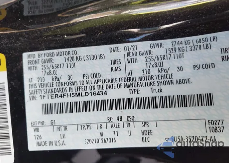 2021 Ford Ranger Xlt из США, поврежденный, VIN 1FTER4FH5MLD16434